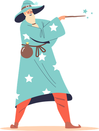 Old wizard sorcerer with magic wand Illustration