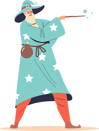 Old wizard sorcerer with magic wand  Illustration