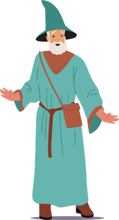 Old Wizard Wear Long Robe and Witch Hat with Shoulder Bag  Illustration