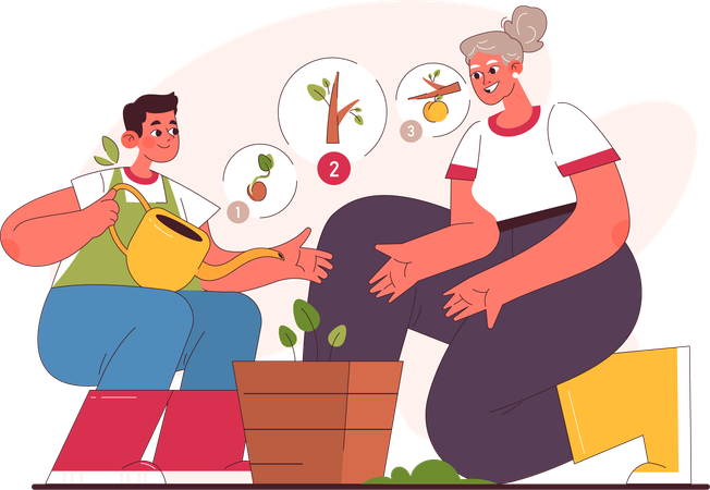 Old woman and boy planting plant in pot  Illustration