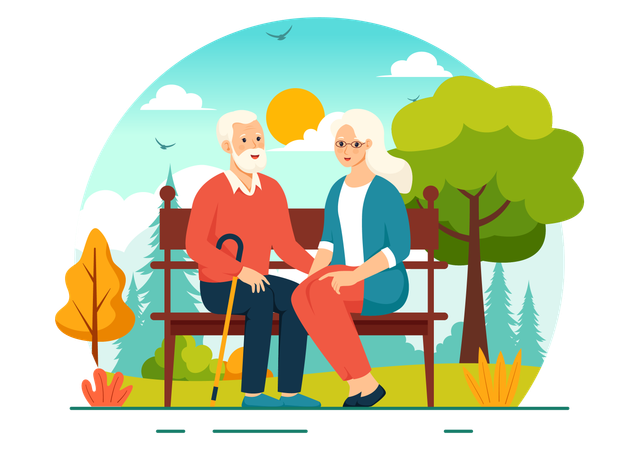 公園に座っている老婦人と男性  イラスト