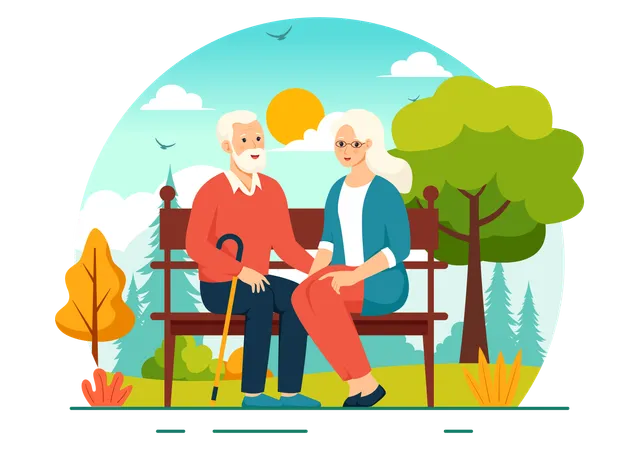 公園に座っている老婦人と男性  イラスト