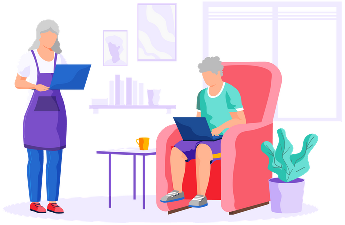 Old woman and man with laptop  Illustration