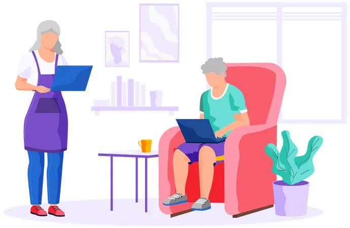 Old woman and man with laptop Illustration