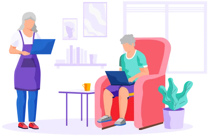 Old woman and man with laptop  Illustration