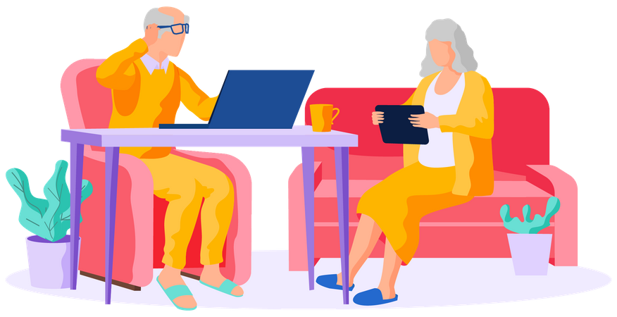 Old woman and man working on laptop and tablet  Illustration