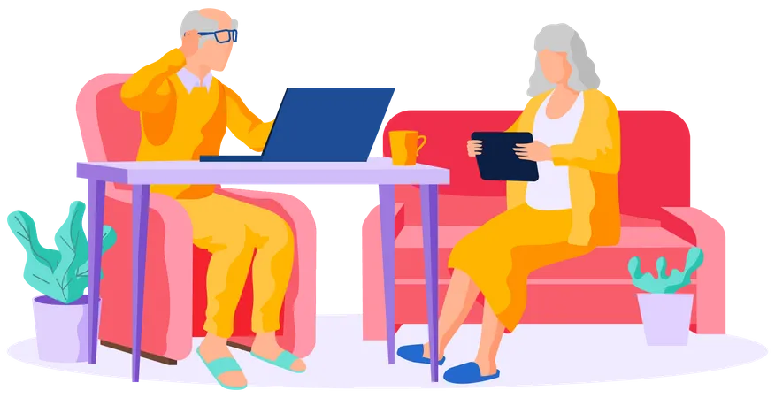 Old woman and man working on laptop and tablet  Illustration