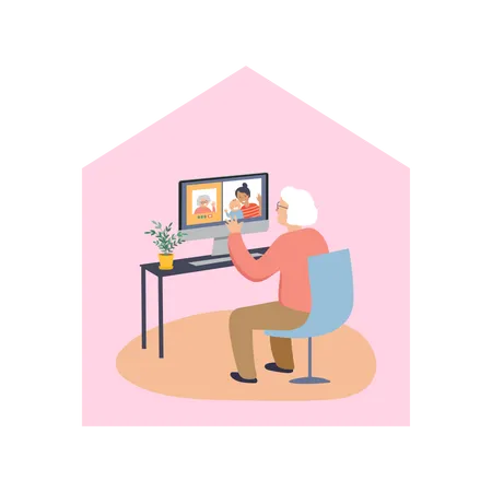 Old woman chatting on video call in the home  Illustration