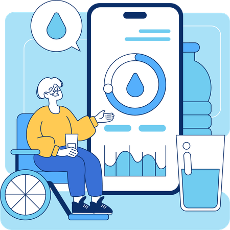 Old woman checking water intake using app  Illustration