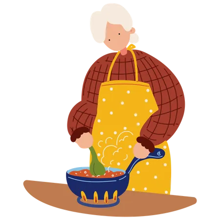 Old Woman Cooking Vector Illustration In Flat Color Design Illustration