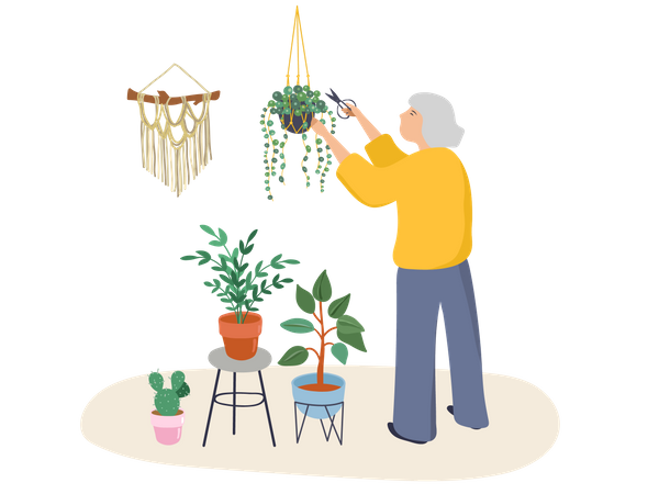 Old woman cutting plant Illustration