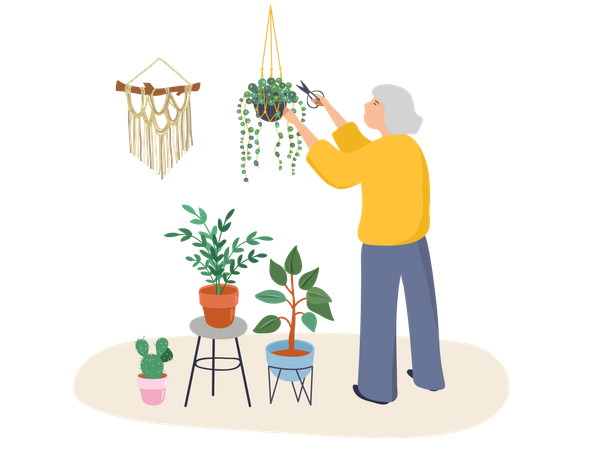 Old woman cutting plant  イラスト