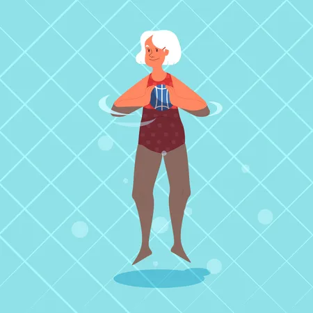 Old woman doing exercise with swimming pool ball  Illustration