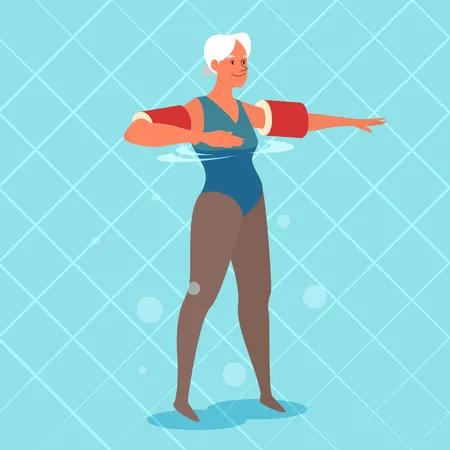 Old woman doing exercise with swimming pool floaties on hands  Illustration