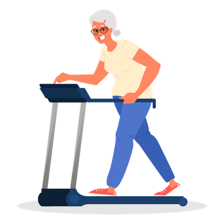 Old woman doing workout on treadmill Illustration