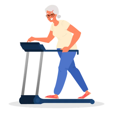 Old woman doing workout on treadmill  Illustration