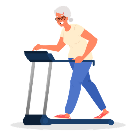 Old woman doing workout on treadmill  Illustration