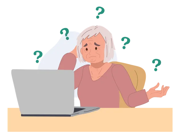 Old woman don't know how to use laptop  Illustration