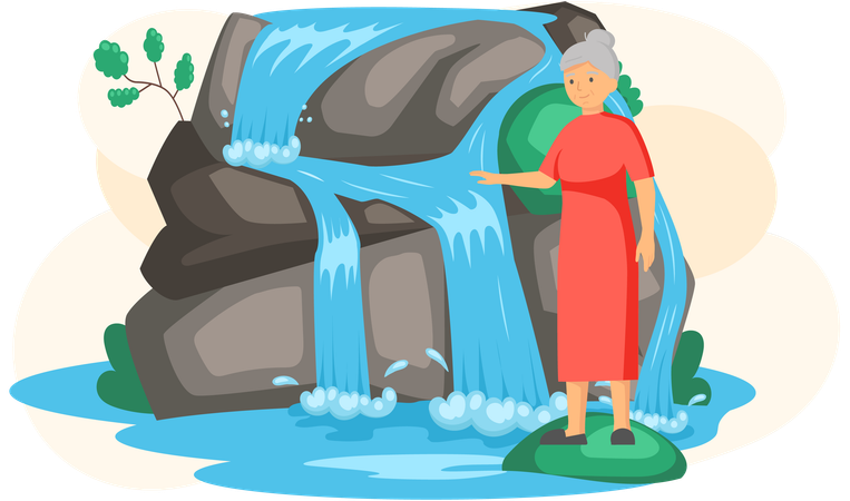 Old woman enjoying waterfall in mountains  Illustration