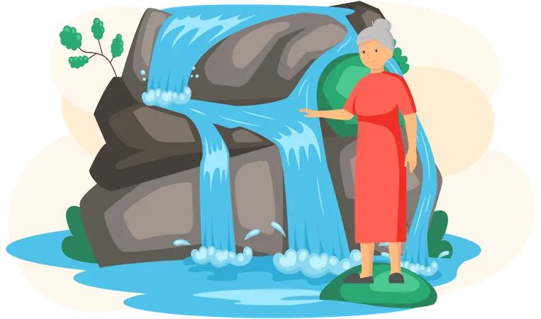 Old woman enjoying waterfall in mountains  Illustration