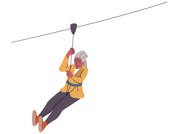 Old woman enjoying zip line  Illustration