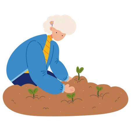 Old Woman Gardening Vector Illustration In Flat Color Design Illustration