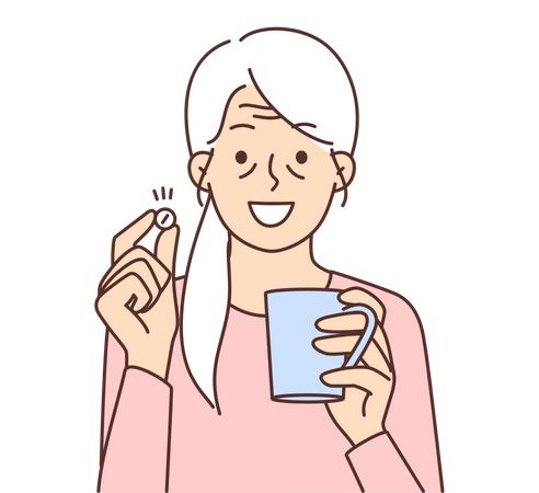 Old woman having medicine  イラスト