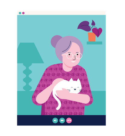 Old woman holding cat in her hand and chatting on video call Illustration