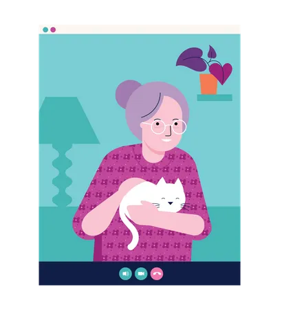 Old woman holding cat in her hand and chatting on video call Illustration