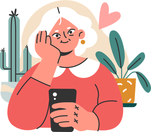 Old woman holding mobile and thinking something  Illustration