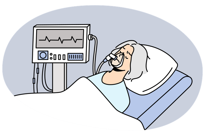 Old woman in mask lying under ventilator in hospital  Illustration