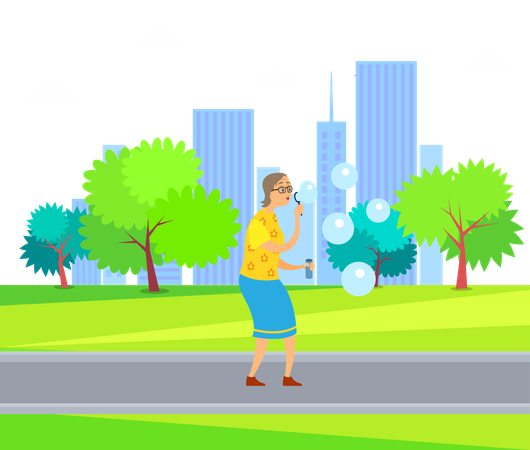 Old woman is blowing soap bubbles  Illustration
