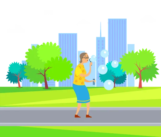 Old woman is blowing soap bubbles  Illustration