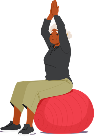 Old Woman Joyfully Sitting On Red Exercise Ball  Illustration