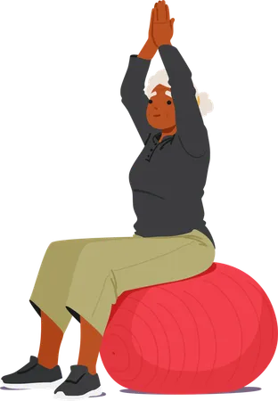 Old Woman Joyfully Sitting On Red Exercise Ball  Illustration