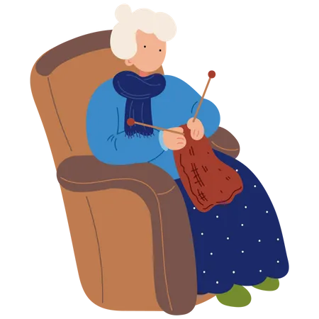 Old Woman Knitting Vector Illustration In Flat Color Design Illustration