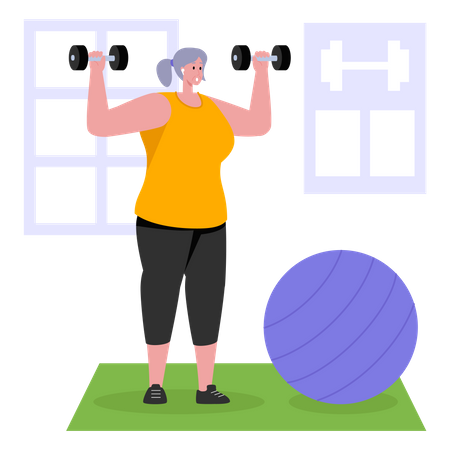 Old woman lifting dumbbells while working out Illustration