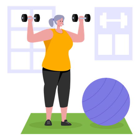 Old woman lifting dumbbells while working out  Illustration