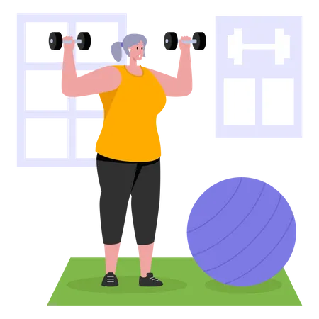 Old woman lifting dumbbells while working out  Illustration