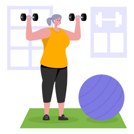 Old woman lifting dumbbells while working out  Illustration