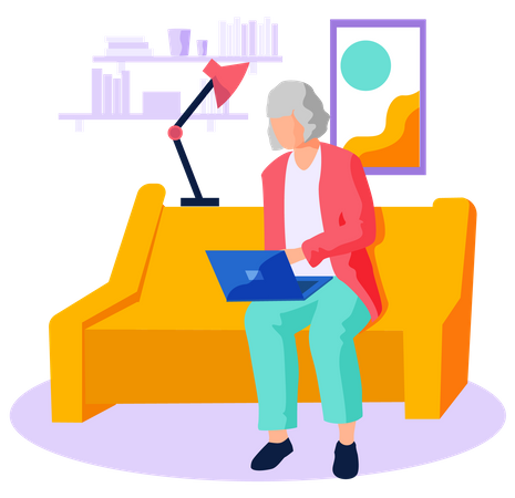 Old woman looking for information surfing internet  Illustration