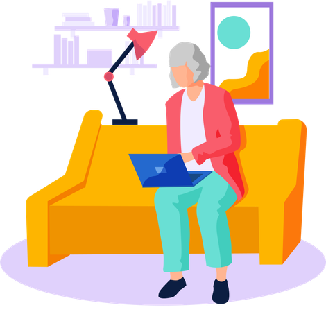 Old woman looking for information surfing internet  Illustration