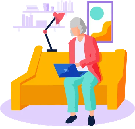 Old woman looking for information surfing internet  Illustration