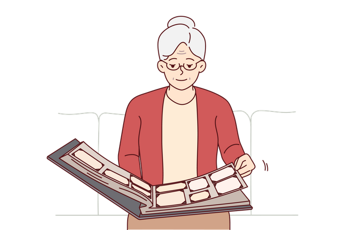 Old woman looking photo album  Illustration