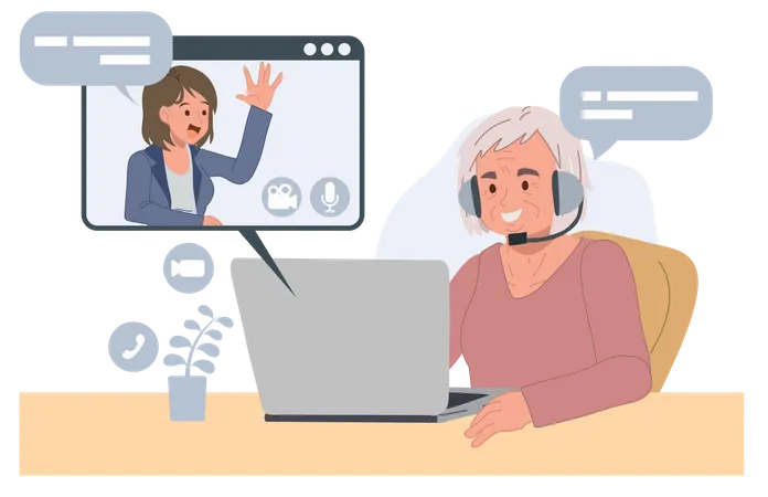 Old woman making video call with grown up daughter  Illustration