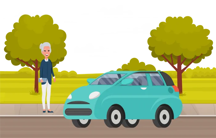 Old woman near car  Illustration