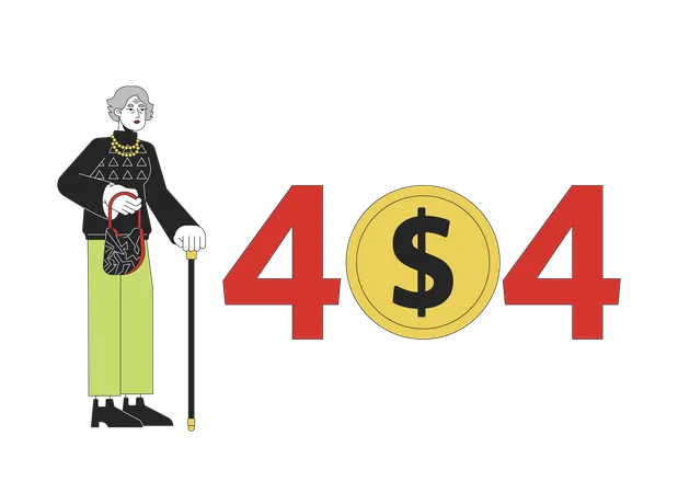 Old woman on retirement holding walking cane error 404 flash message  Illustration