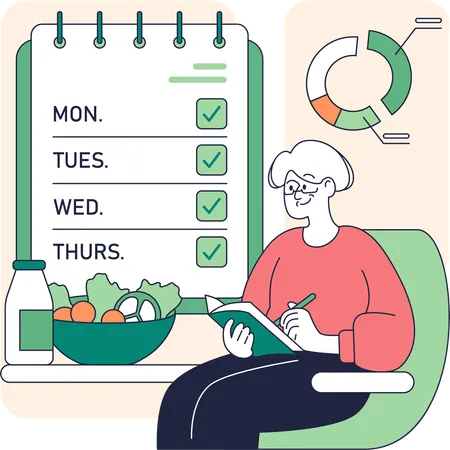 Old woman plans out her diet plan  Illustration