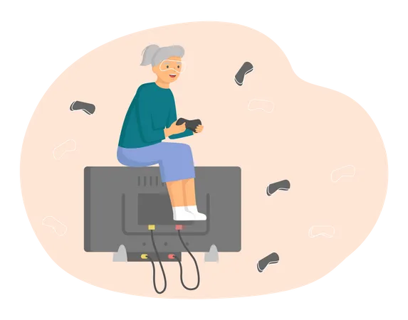 Old Woman play video game together Illustration