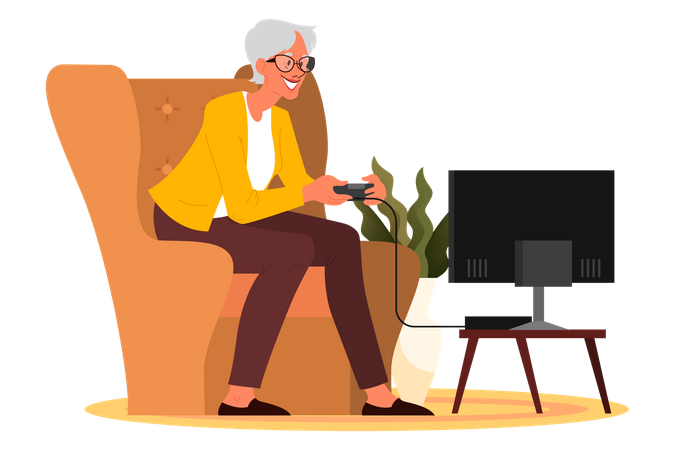 Old woman playing video games Illustration
